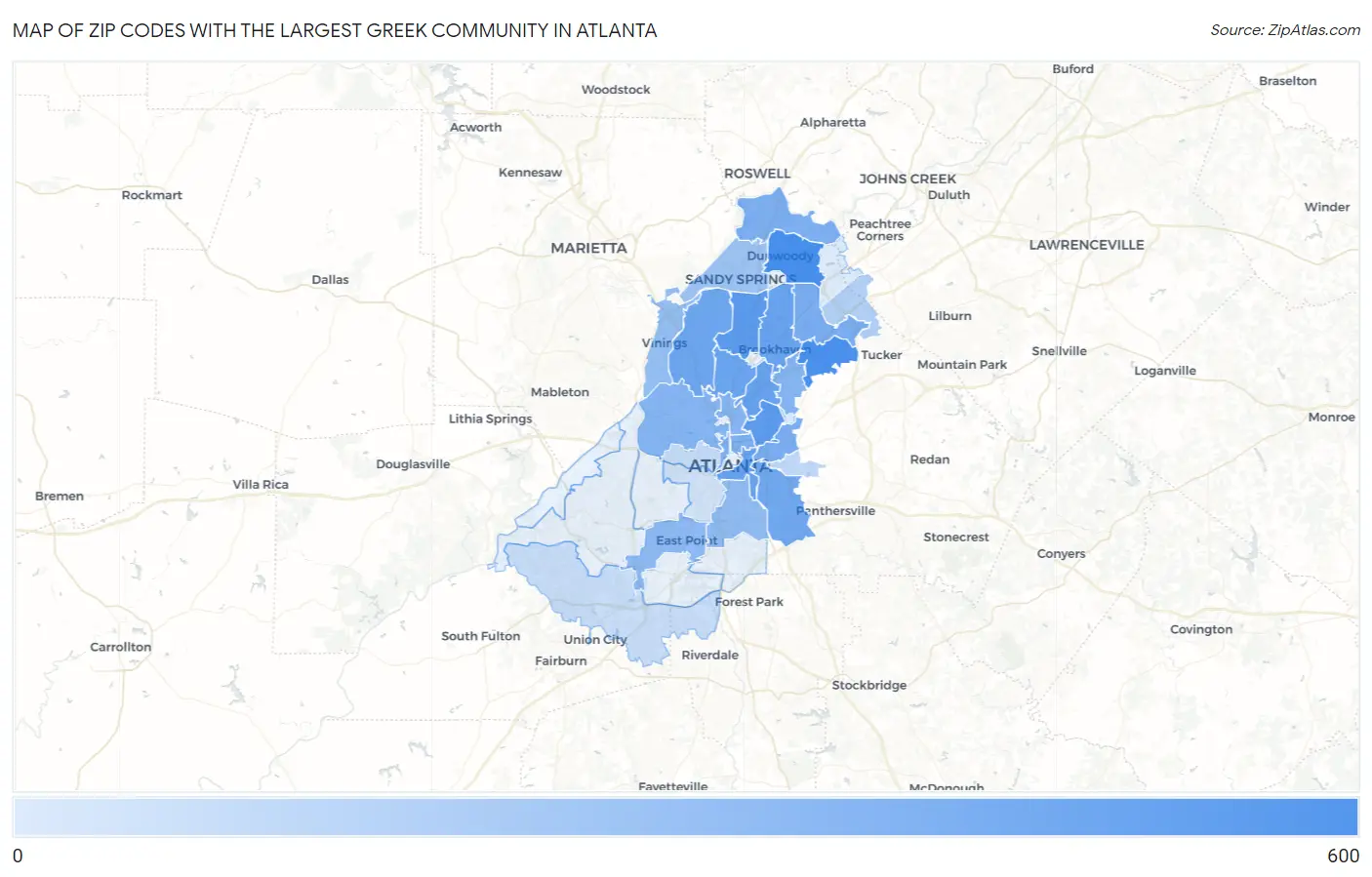 Zip Codes with the Largest Greek Community in Atlanta Map