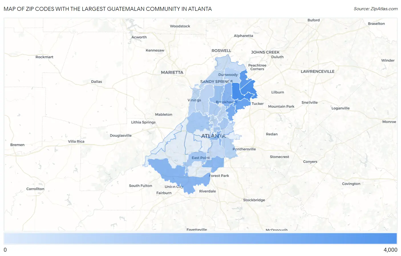 Zip Codes with the Largest Guatemalan Community in Atlanta Map
