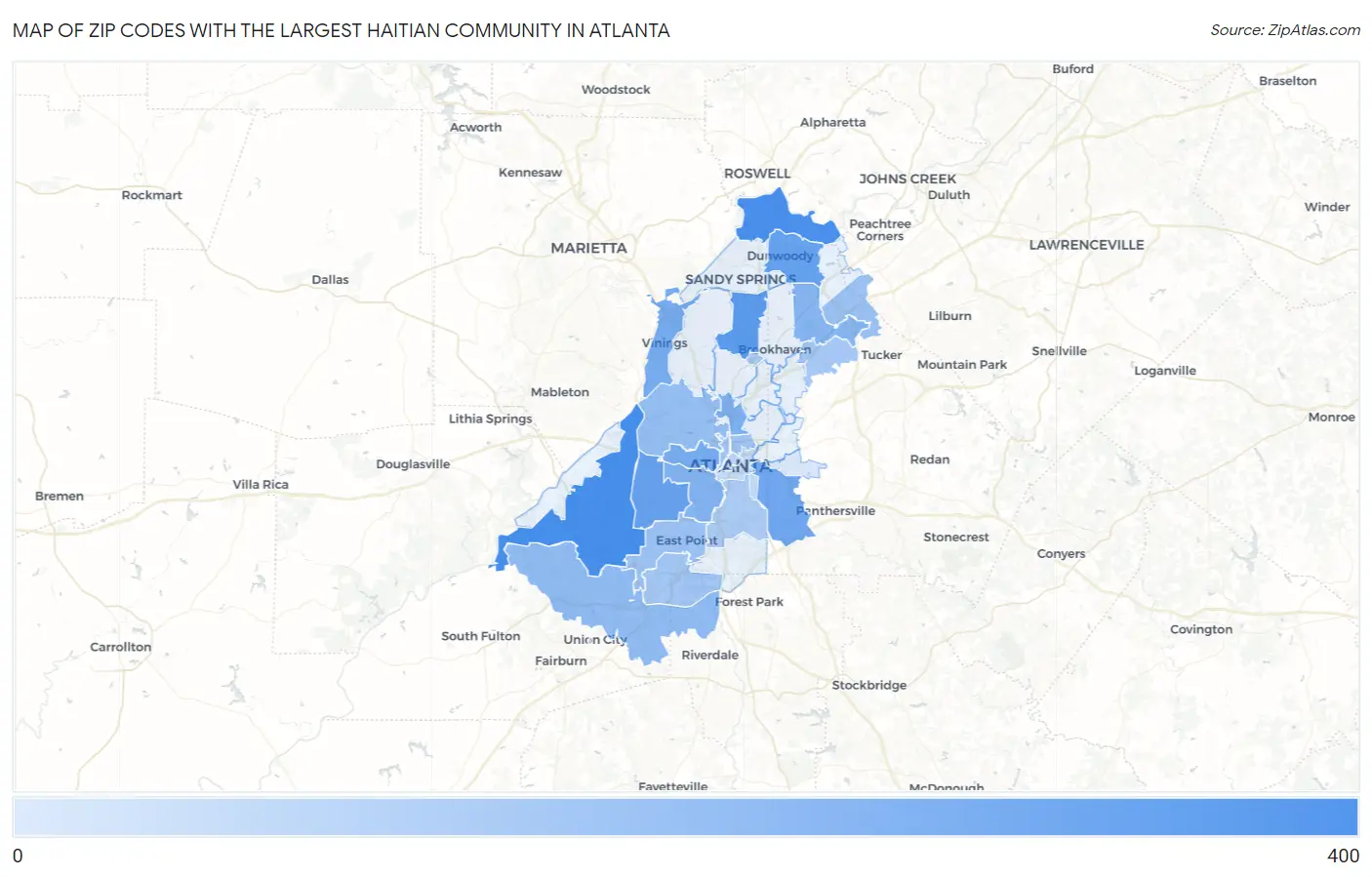 Zip Codes with the Largest Haitian Community in Atlanta Map