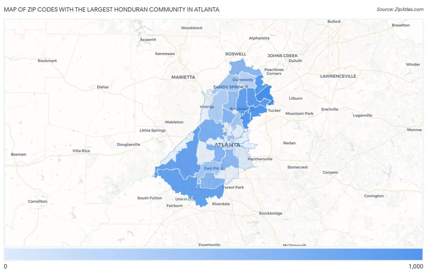 Zip Codes with the Largest Honduran Community in Atlanta Map