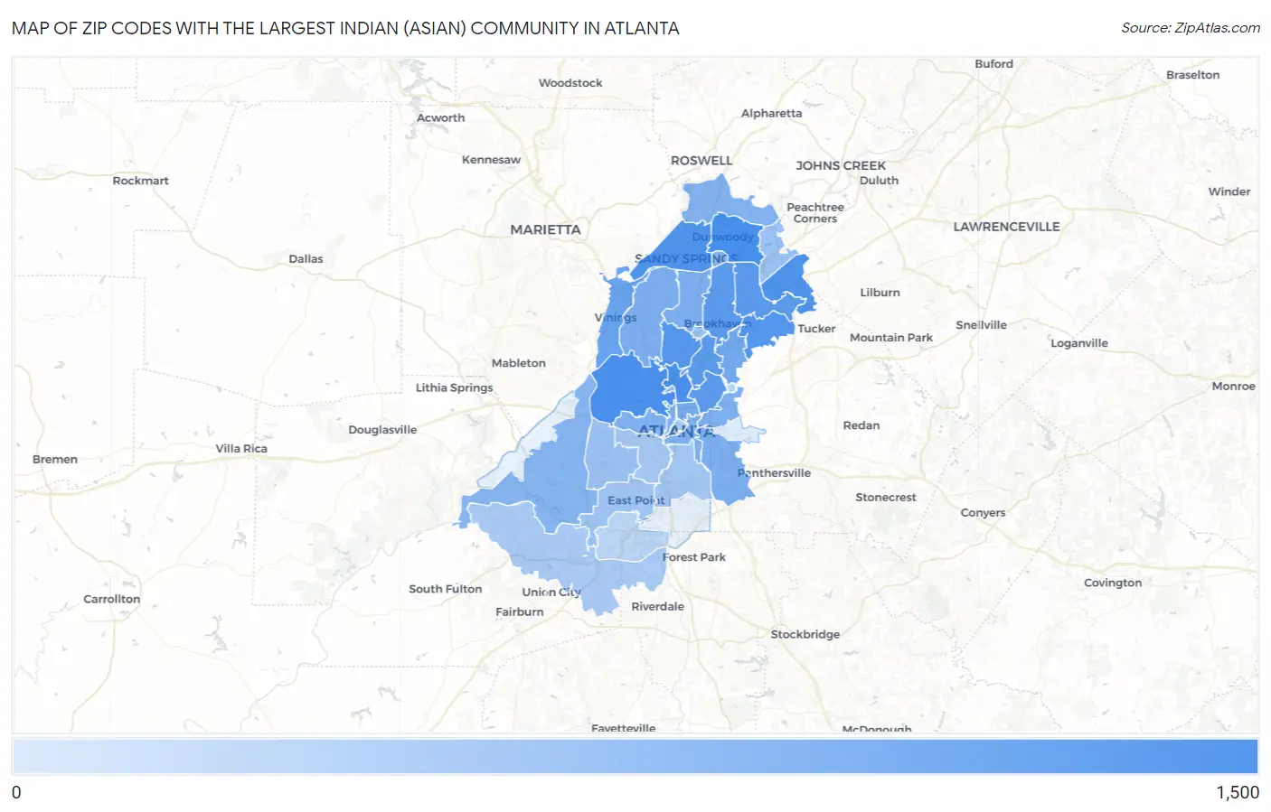 Zip Codes with the Largest Indian (Asian) Community in Atlanta Map