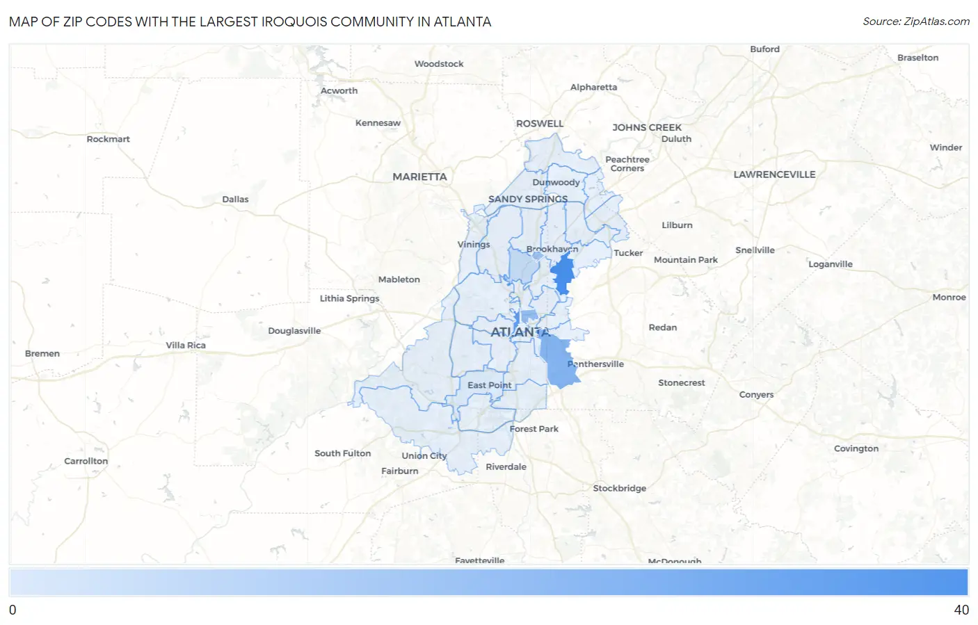 Zip Codes with the Largest Iroquois Community in Atlanta Map