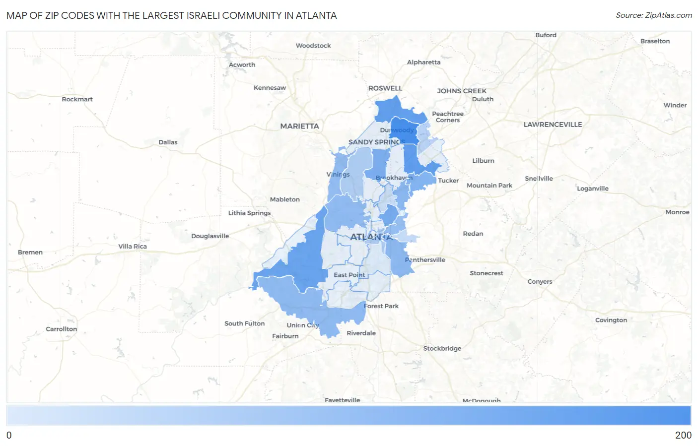 Zip Codes with the Largest Israeli Community in Atlanta Map