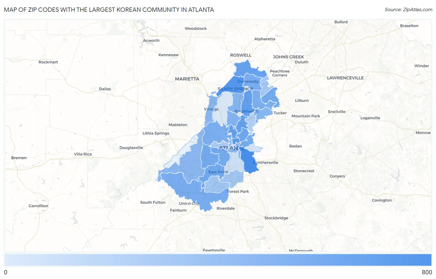 Zip Codes with the Largest Korean Community in Atlanta Map