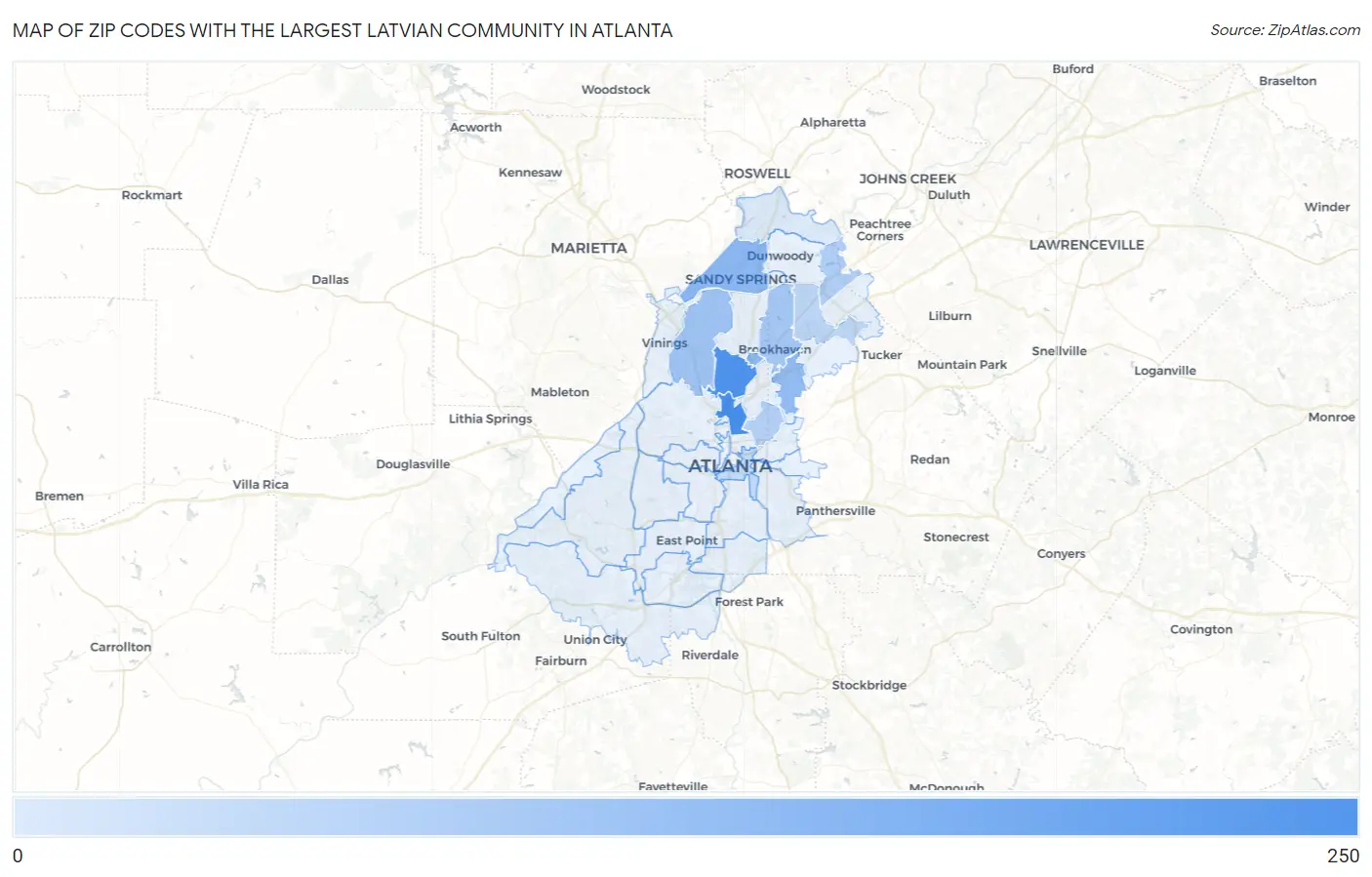 Zip Codes with the Largest Latvian Community in Atlanta Map