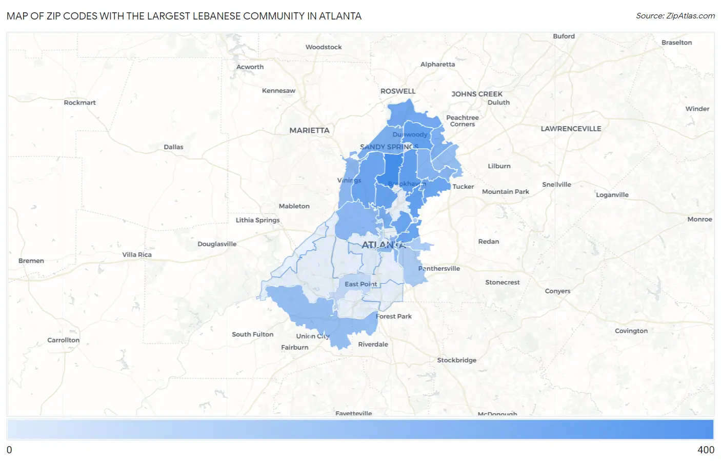 Zip Codes with the Largest Lebanese Community in Atlanta Map