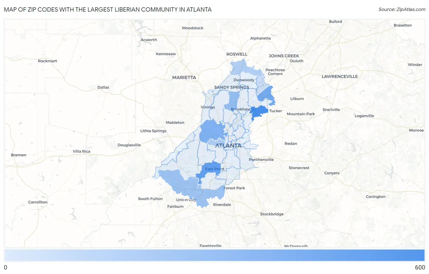 Zip Codes with the Largest Liberian Community in Atlanta Map