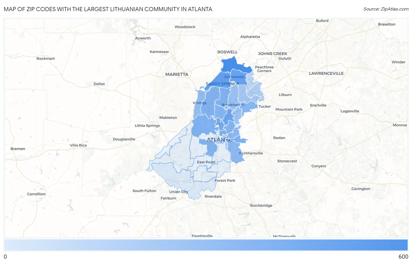 Zip Codes with the Largest Lithuanian Community in Atlanta Map