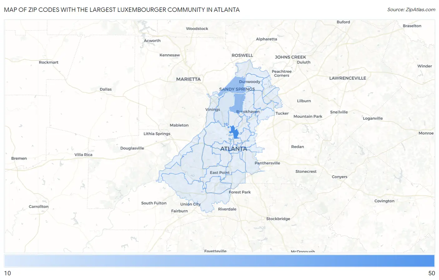 Zip Codes with the Largest Luxembourger Community in Atlanta Map