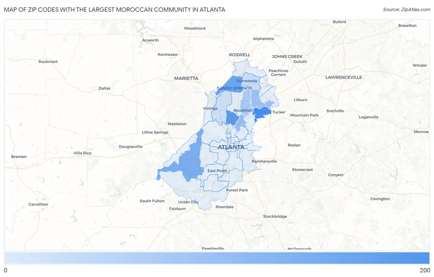 Zip Codes with the Largest Moroccan Community in Atlanta Map