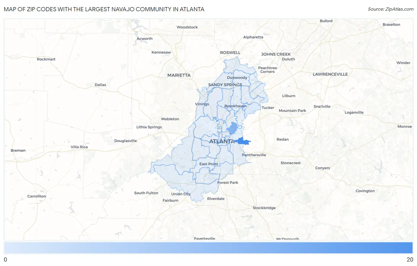 Zip Codes with the Largest Navajo Community in Atlanta Map