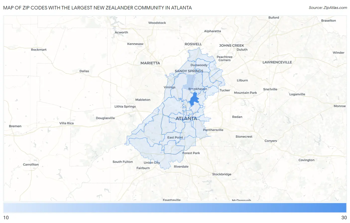 Zip Codes with the Largest New Zealander Community in Atlanta Map