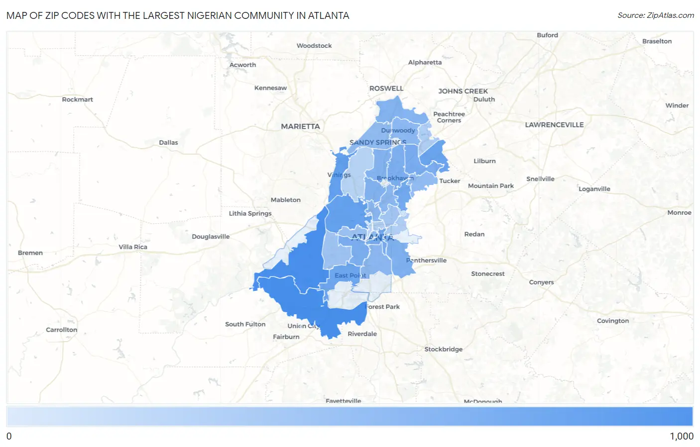 Zip Codes with the Largest Nigerian Community in Atlanta Map