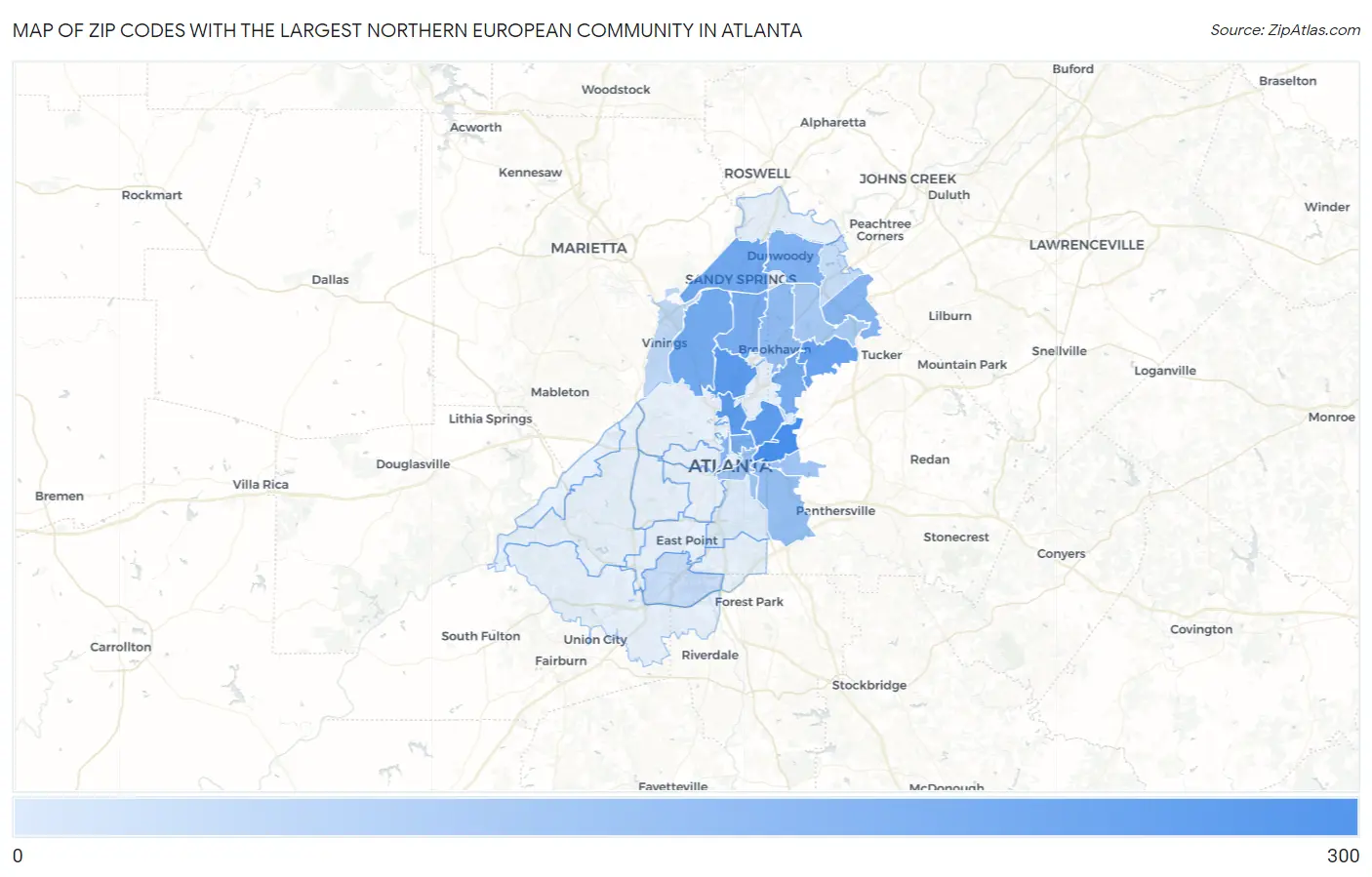 Zip Codes with the Largest Northern European Community in Atlanta Map