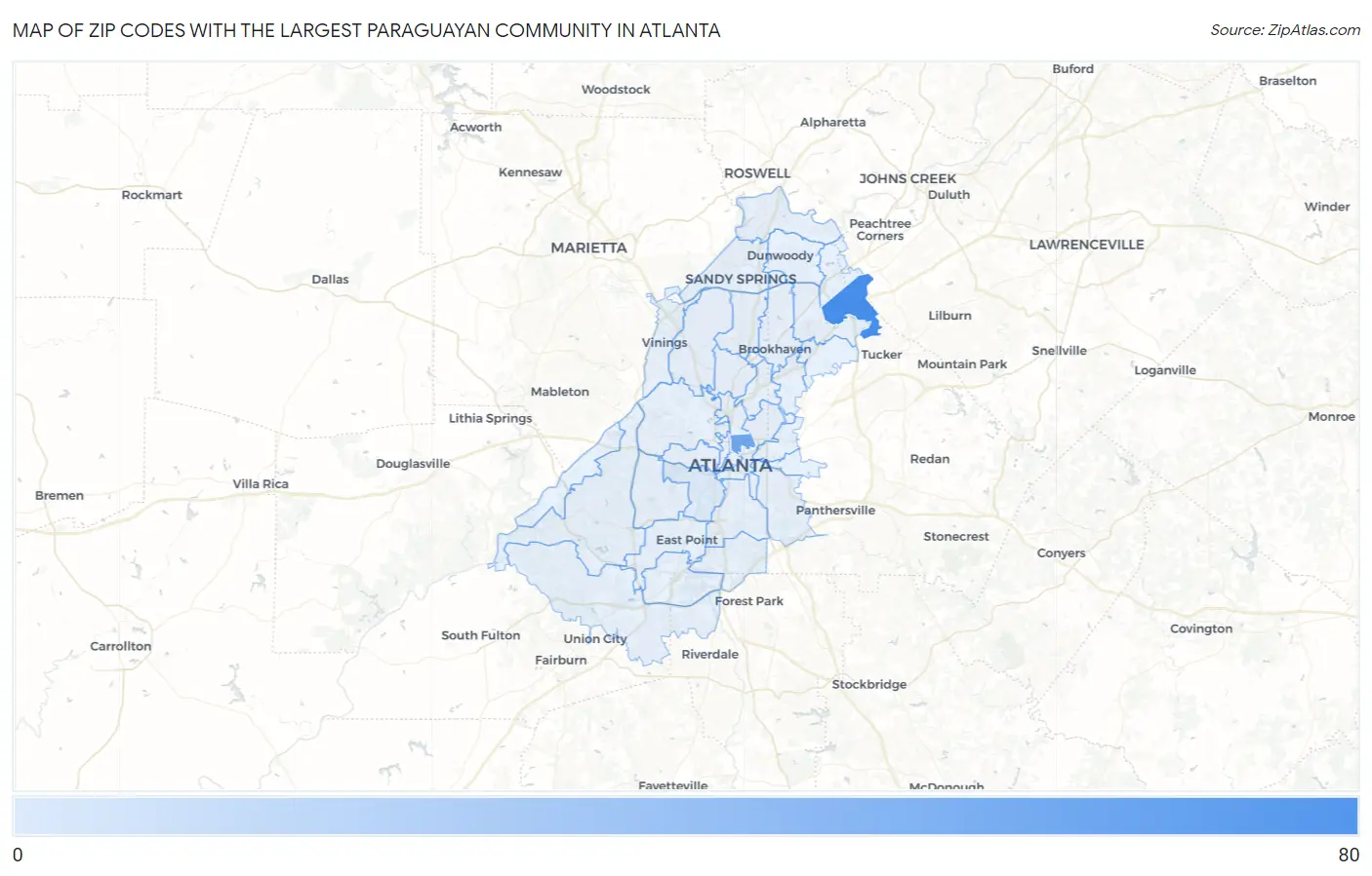 Zip Codes with the Largest Paraguayan Community in Atlanta Map