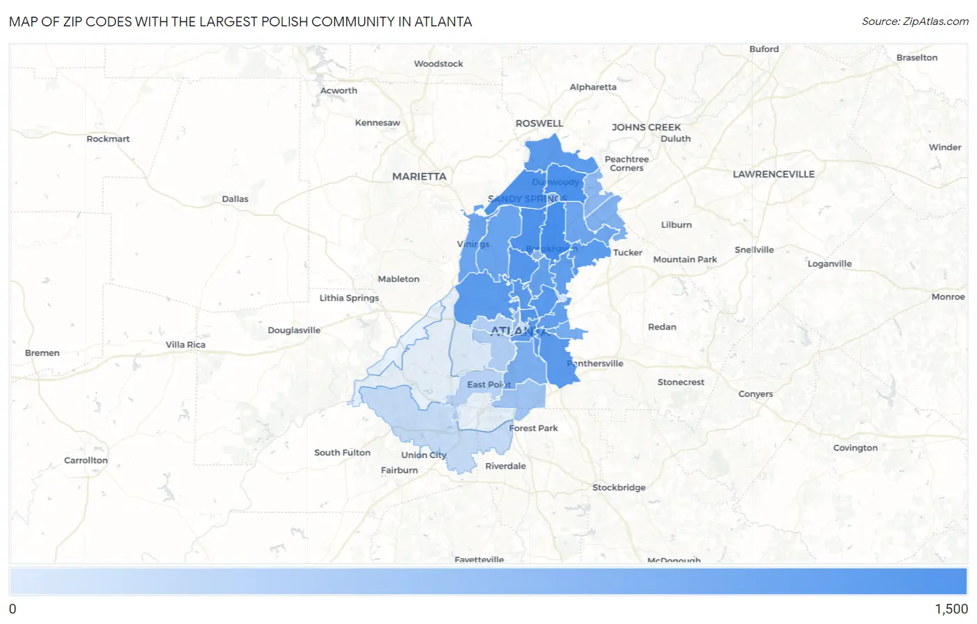 Zip Codes with the Largest Polish Community in Atlanta Map