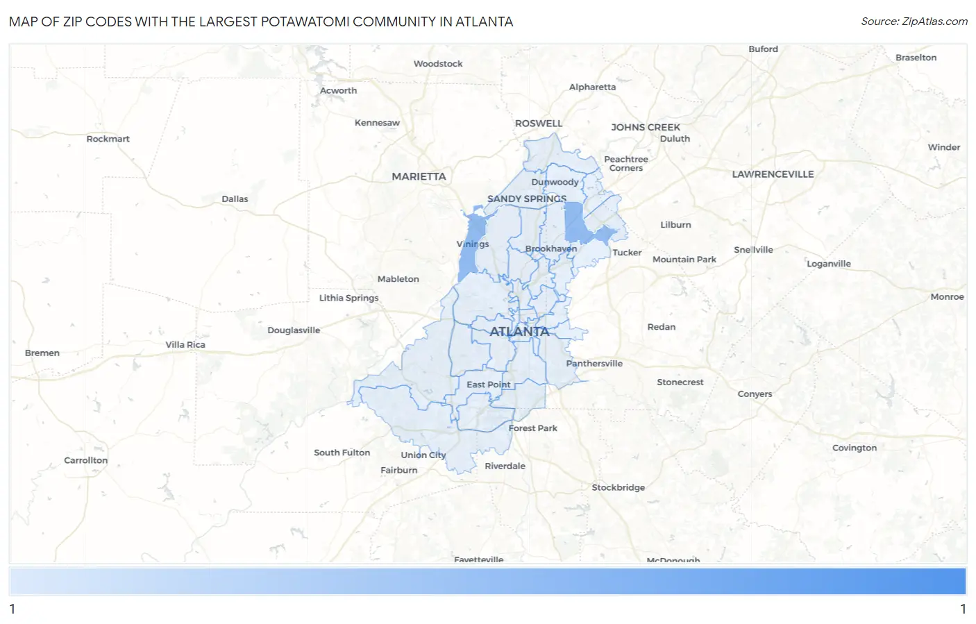 Zip Codes with the Largest Potawatomi Community in Atlanta Map