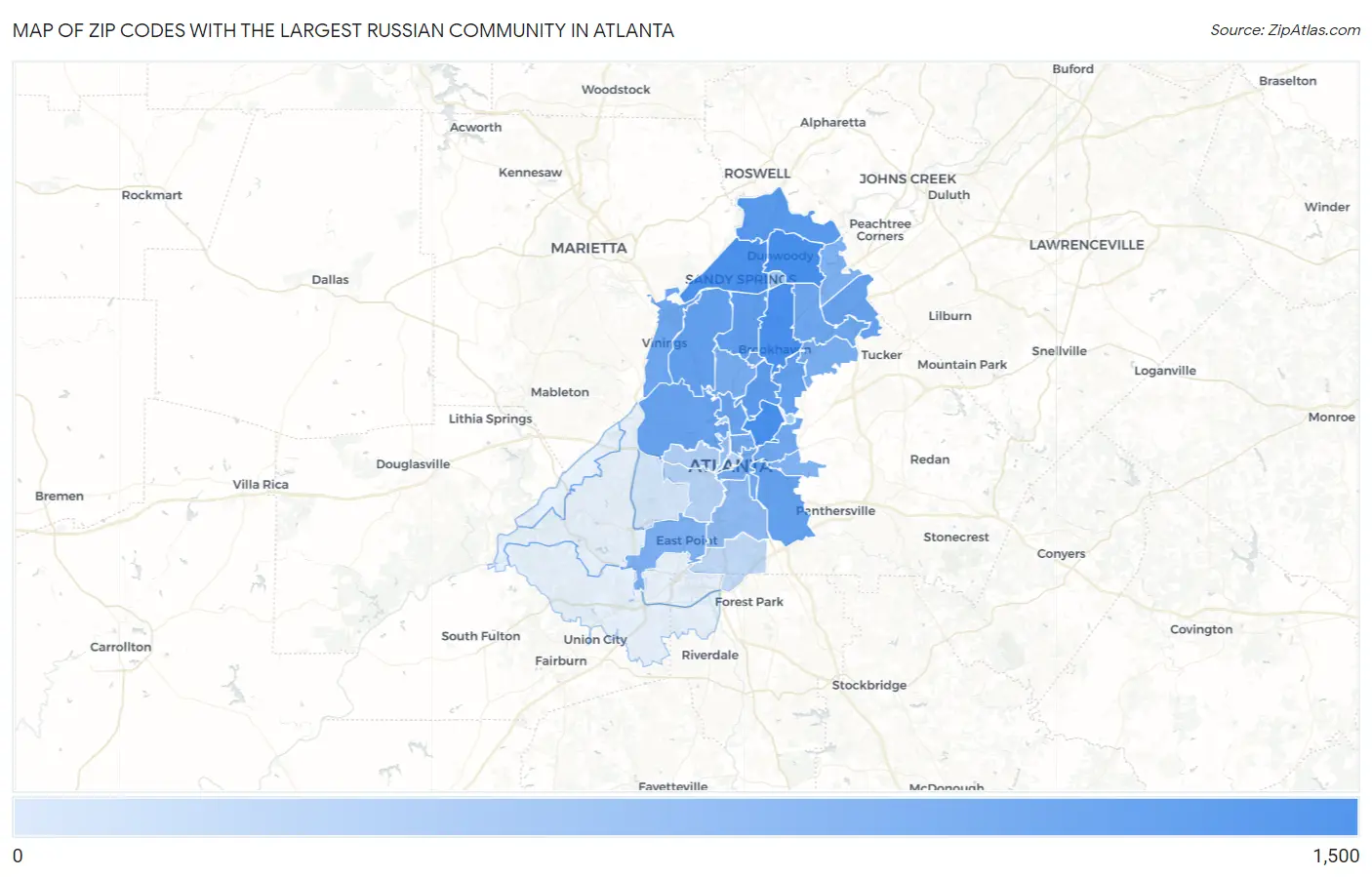 Zip Codes with the Largest Russian Community in Atlanta Map
