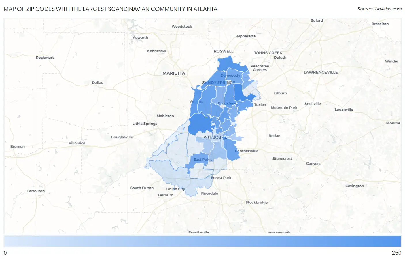 Zip Codes with the Largest Scandinavian Community in Atlanta Map