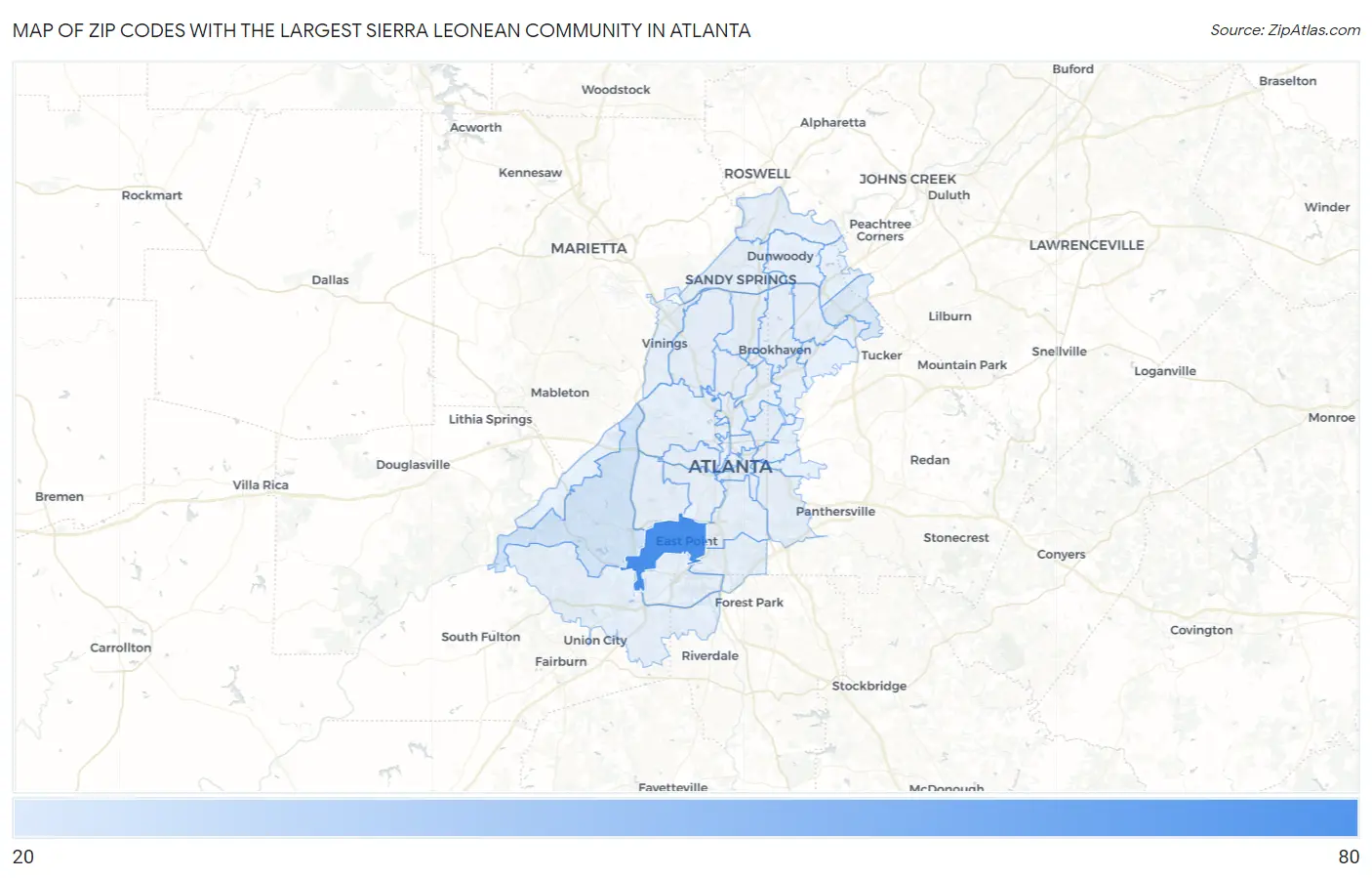Zip Codes with the Largest Sierra Leonean Community in Atlanta Map
