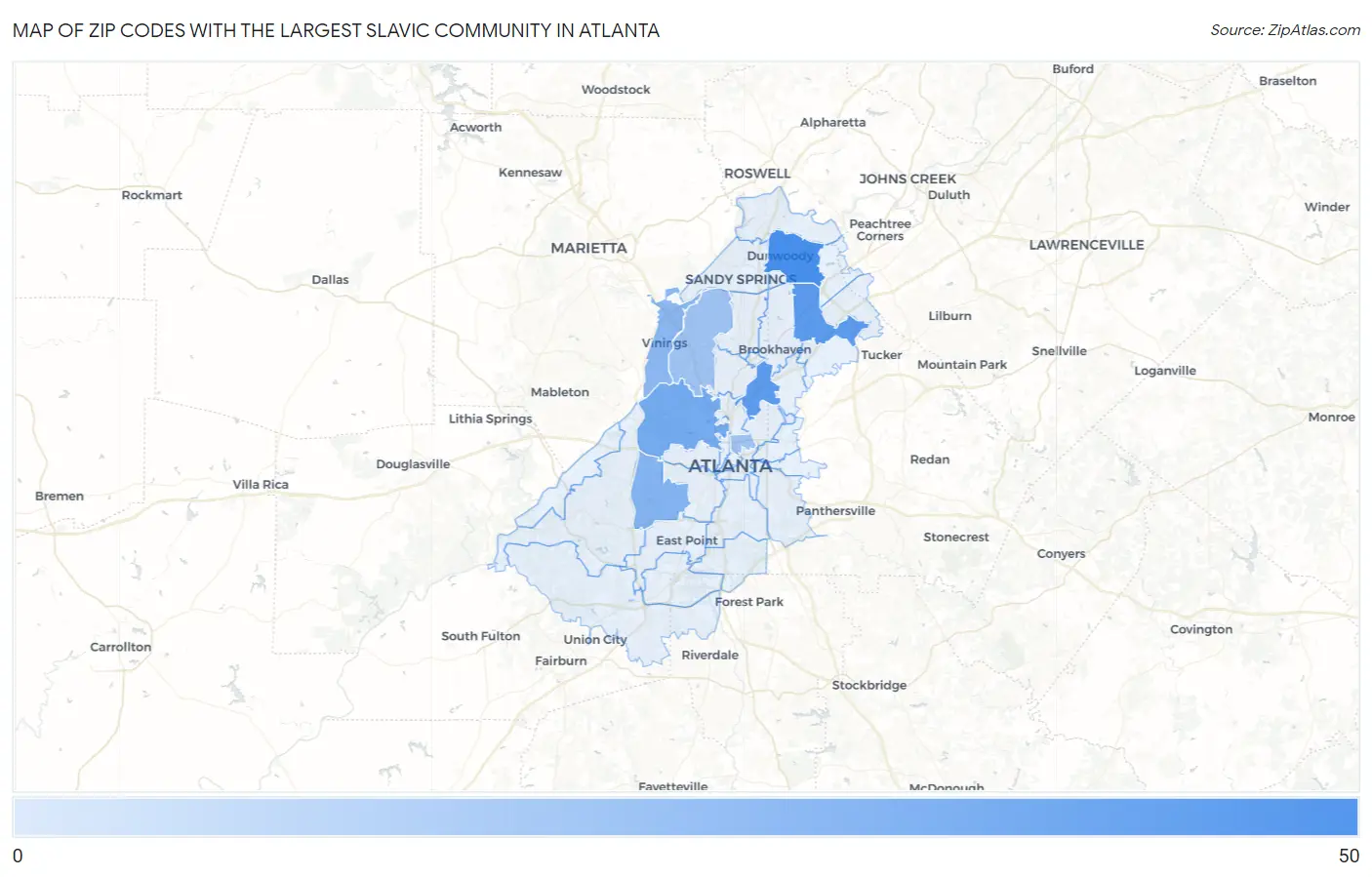 Zip Codes with the Largest Slavic Community in Atlanta Map