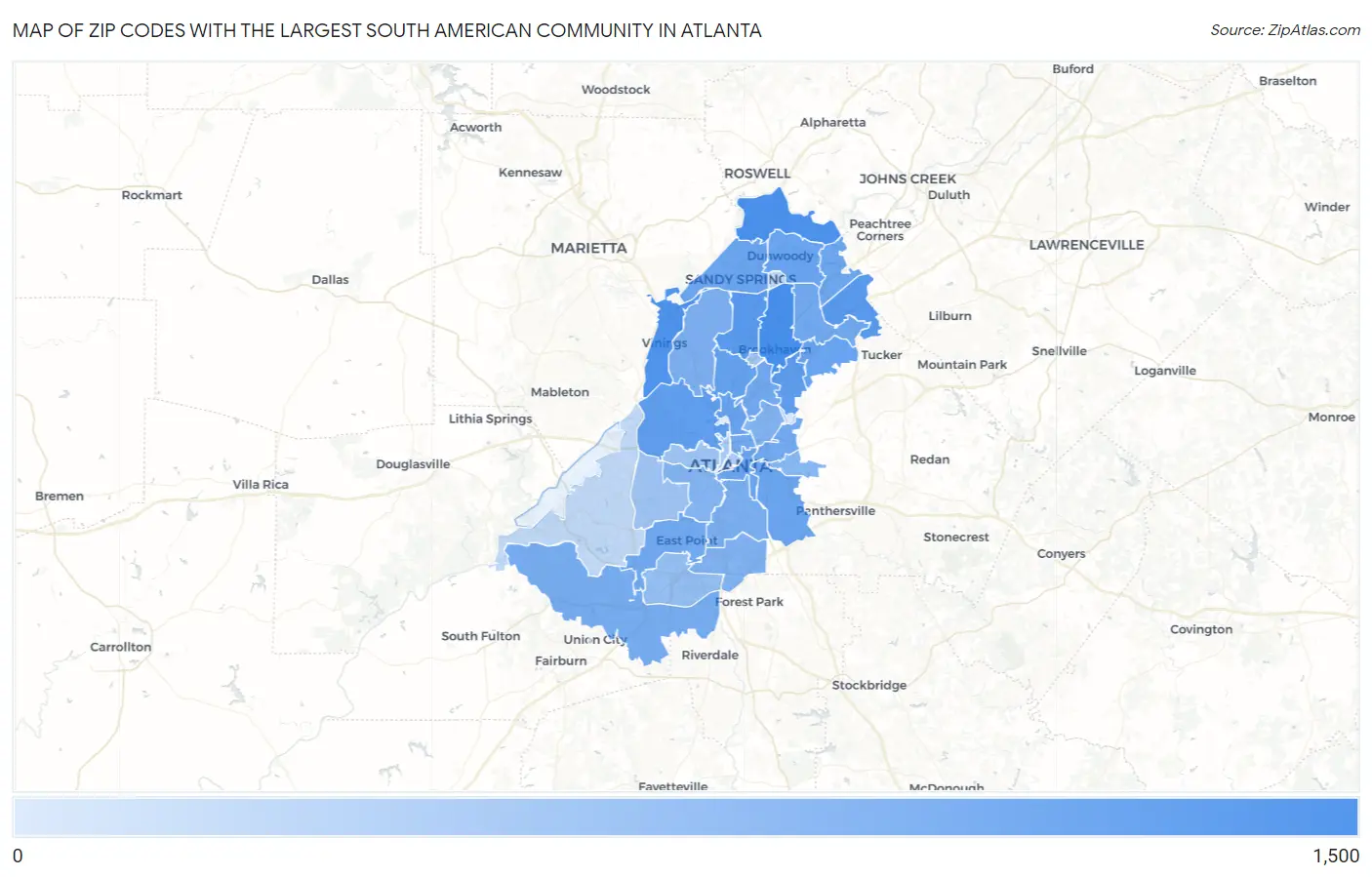 Zip Codes with the Largest South American Community in Atlanta Map