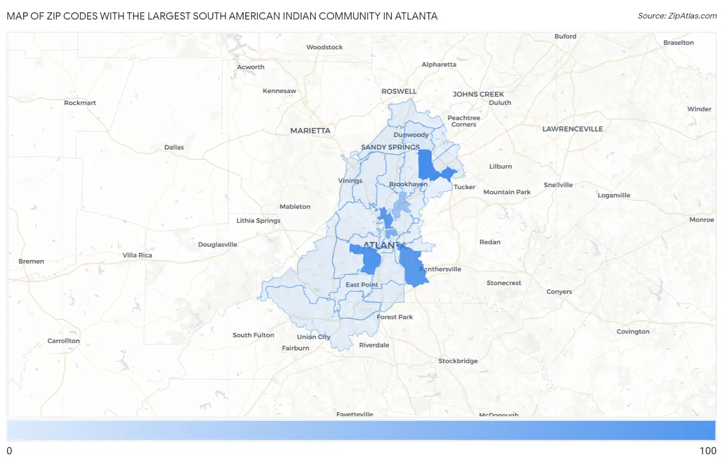 Zip Codes with the Largest South American Indian Community in Atlanta Map