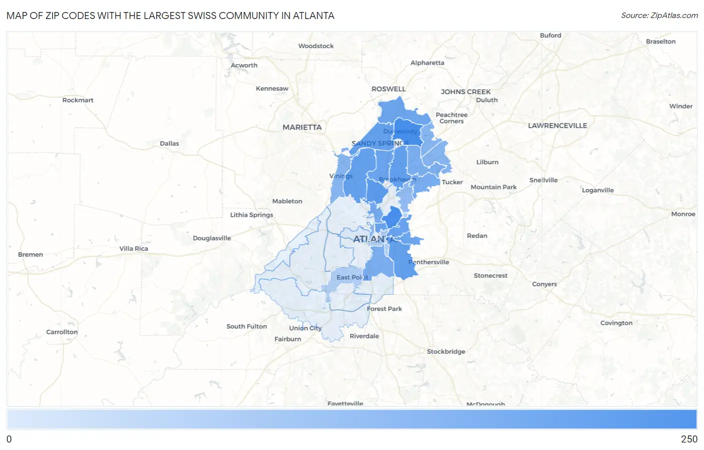 Zip Codes with the Largest Swiss Community in Atlanta Map