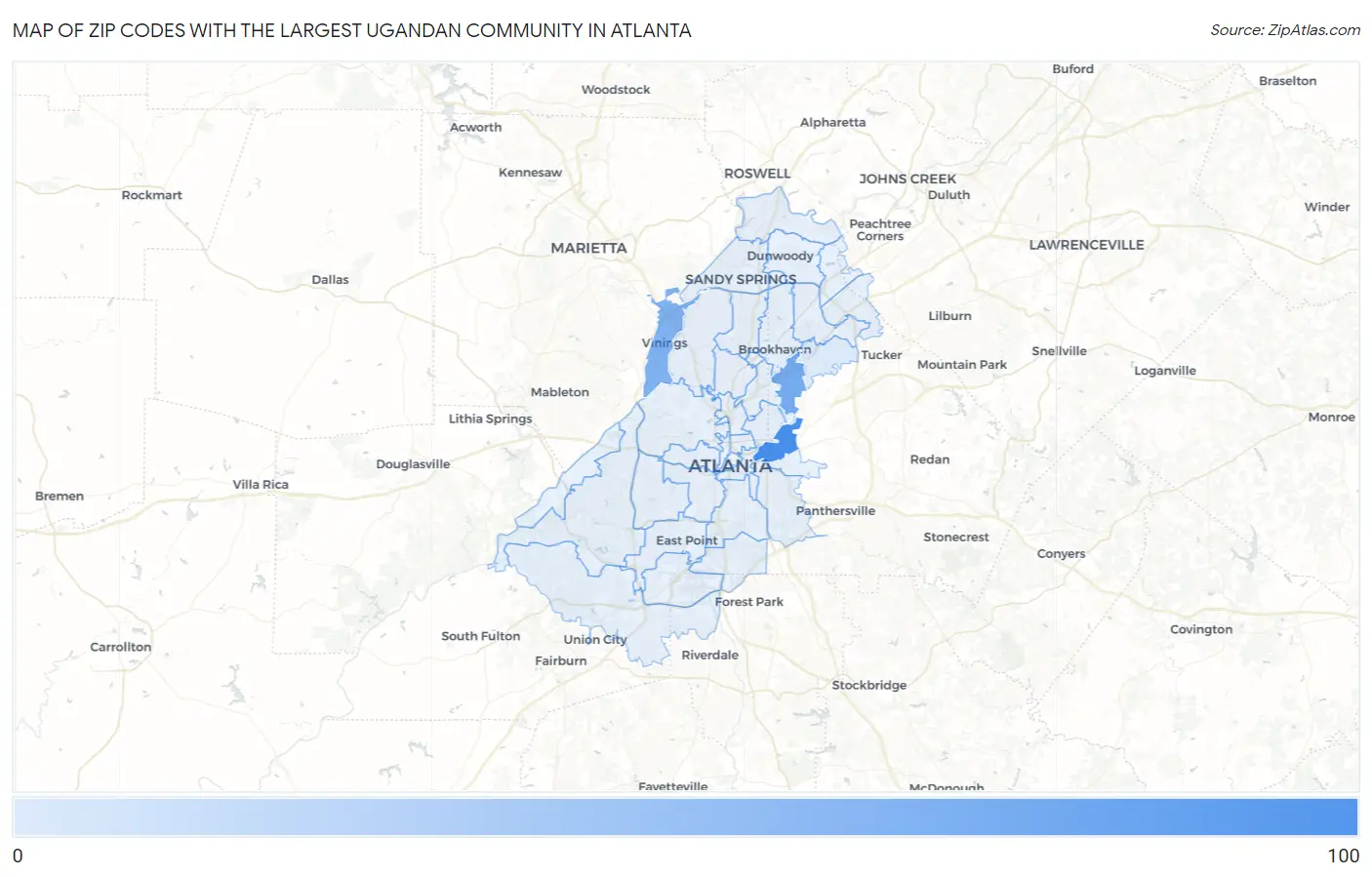 Zip Codes with the Largest Ugandan Community in Atlanta Map