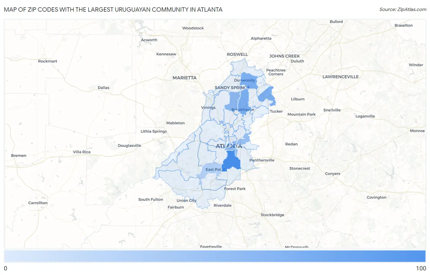 Zip Codes with the Largest Uruguayan Community in Atlanta Map