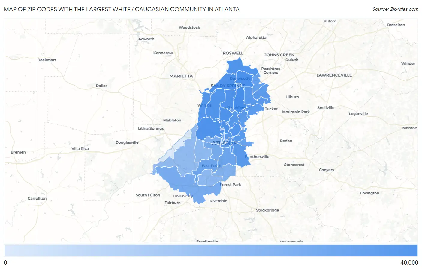 Zip Codes with the Largest White / Caucasian Community in Atlanta Map