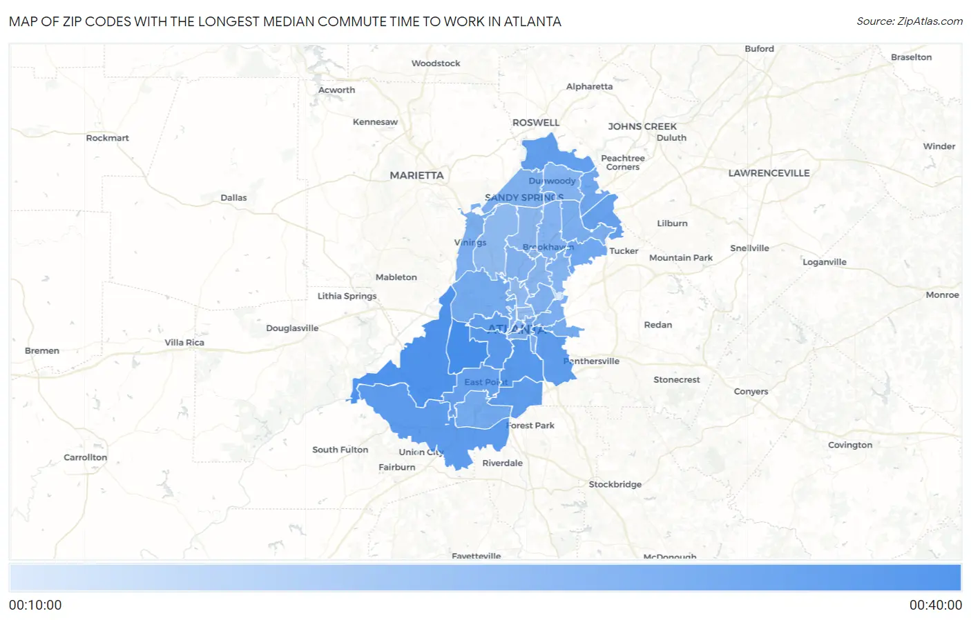 Zip Codes with the Longest Median Commute Time to Work in Atlanta Map