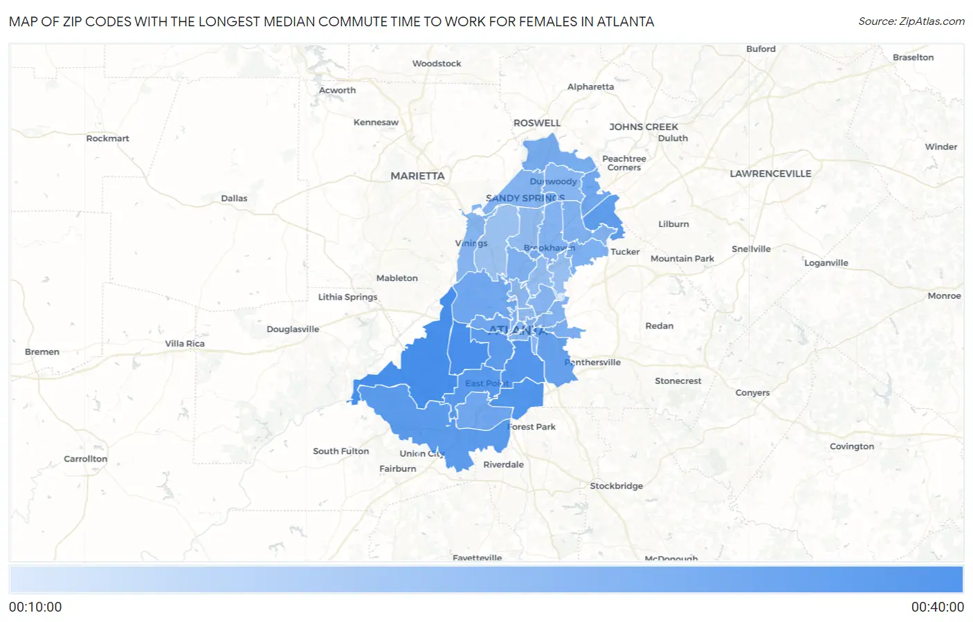 Zip Codes with the Longest Median Commute Time to Work for Females in Atlanta Map