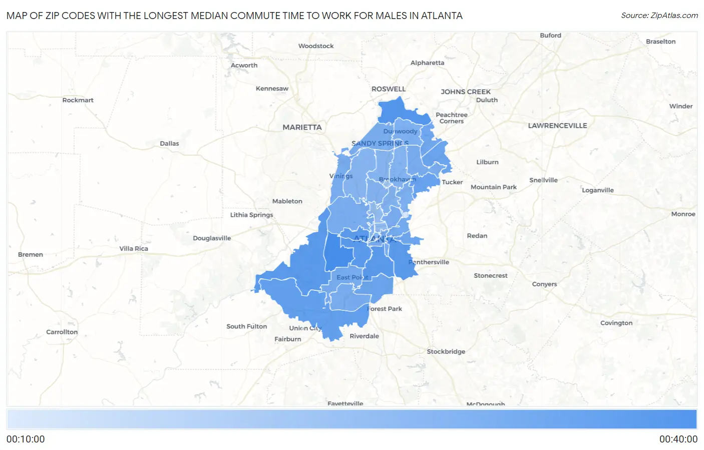 Zip Codes with the Longest Median Commute Time to Work for Males in Atlanta Map