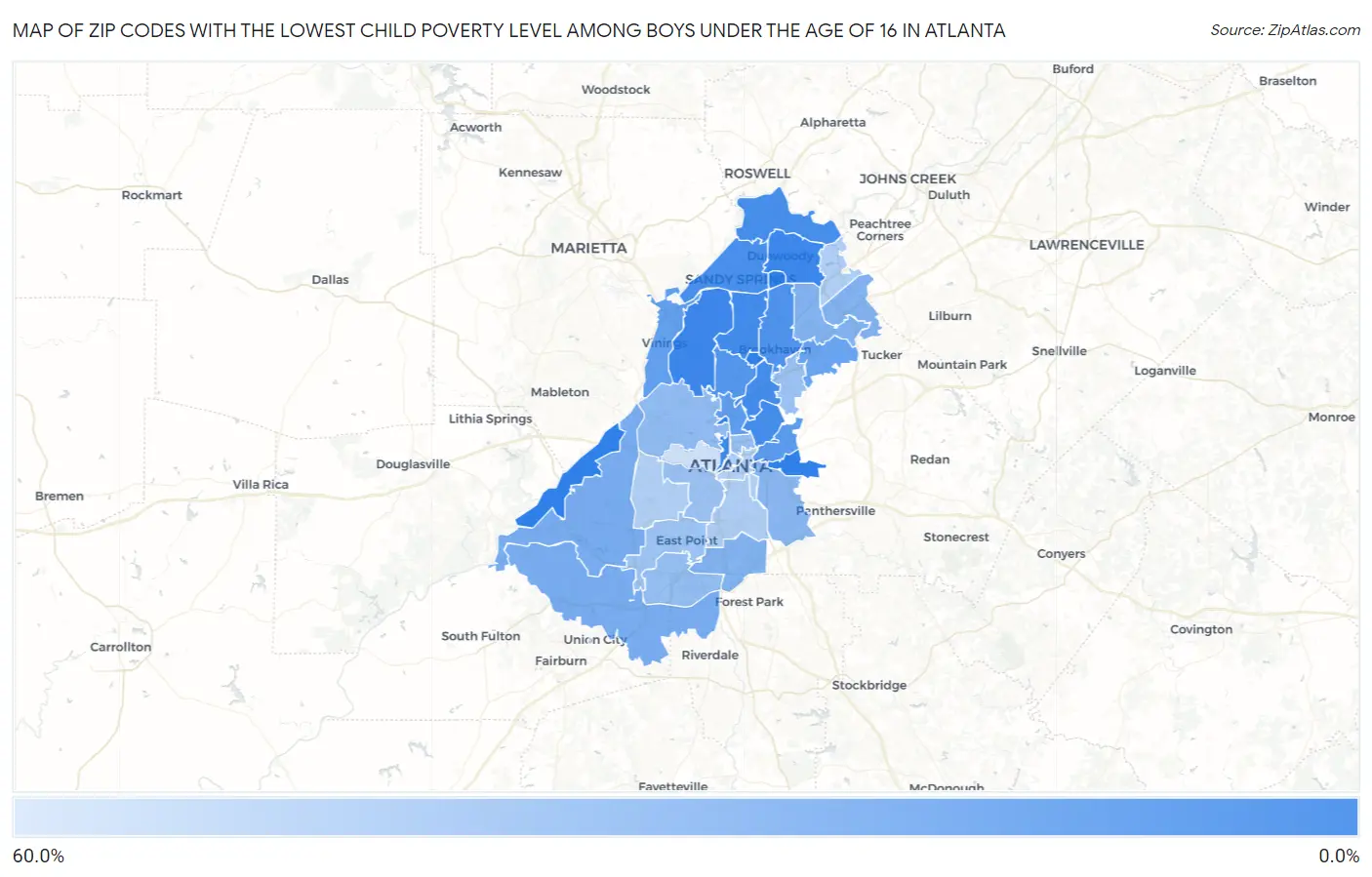 Zip Codes with the Lowest Child Poverty Level Among Boys Under the Age of 16 in Atlanta Map