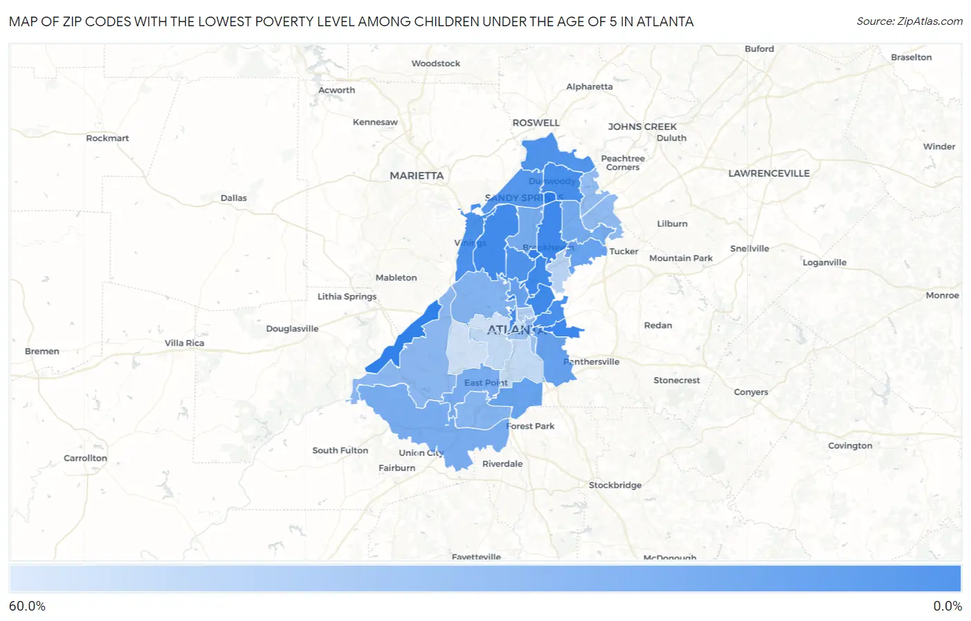 Zip Codes with the Lowest Poverty Level Among Children Under the Age of 5 in Atlanta Map