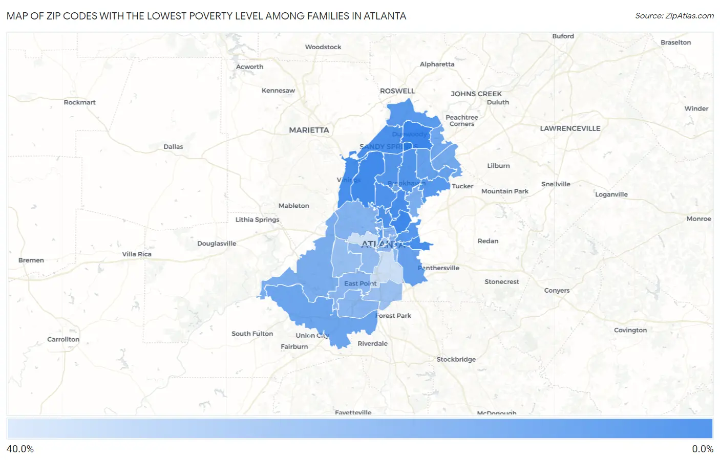Zip Codes with the Lowest Poverty Level Among Families in Atlanta Map