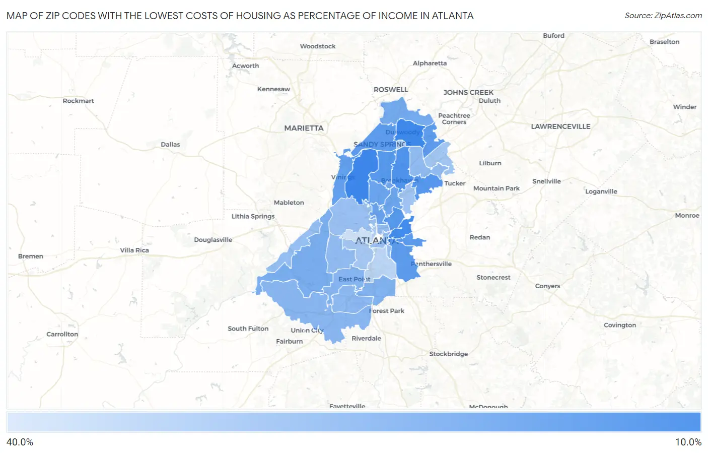Zip Codes with the Lowest Costs of Housing as Percentage of Income in Atlanta Map
