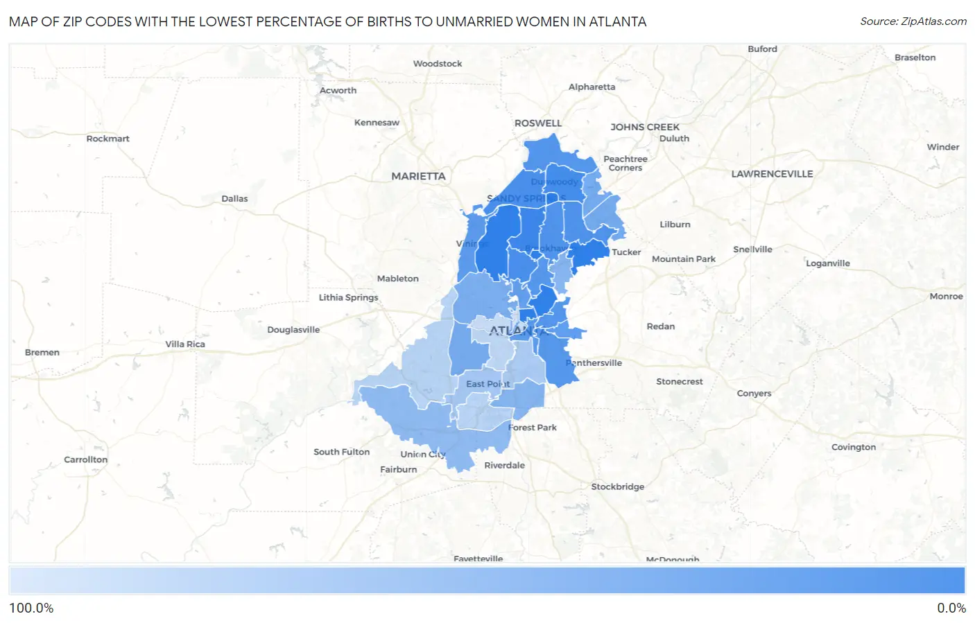 Zip Codes with the Lowest Percentage of Births to Unmarried Women in Atlanta Map