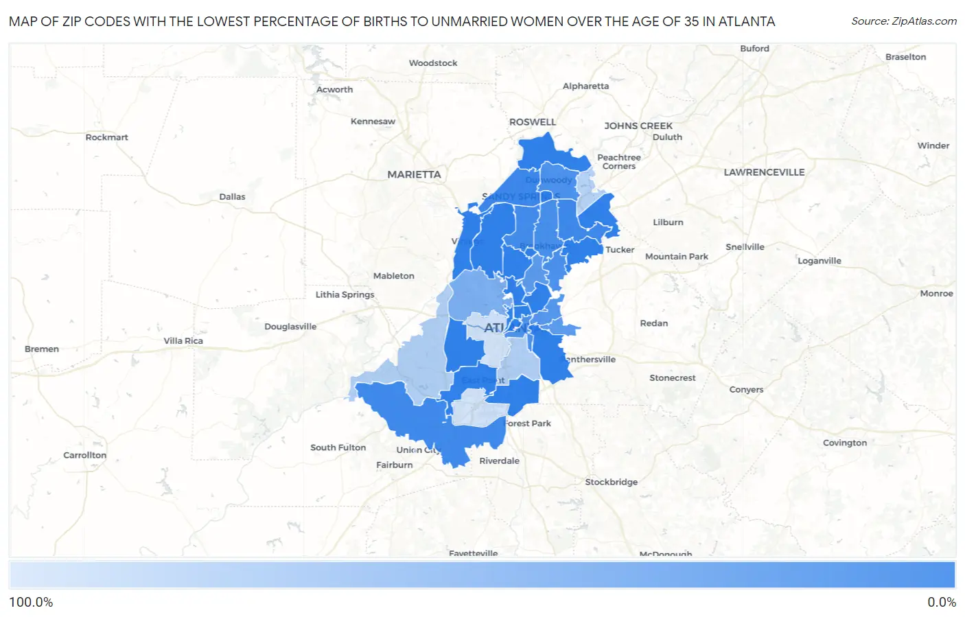 Zip Codes with the Lowest Percentage of Births to Unmarried Women over the Age of 35 in Atlanta Map