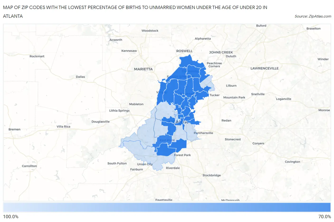 Zip Codes with the Lowest Percentage of Births to Unmarried Women under the Age of under 20 in Atlanta Map