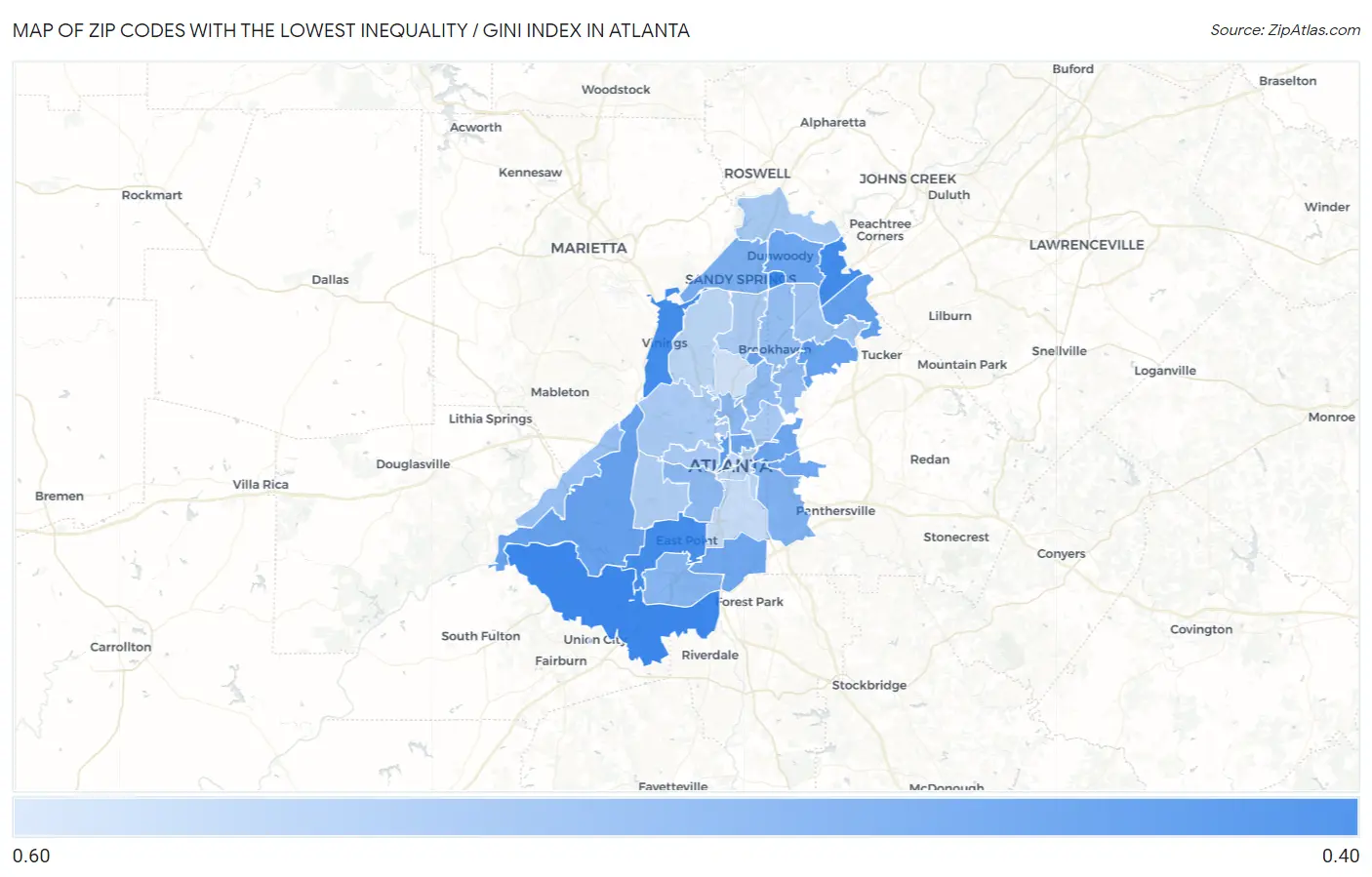 Zip Codes with the Lowest Inequality / Gini Index in Atlanta Map