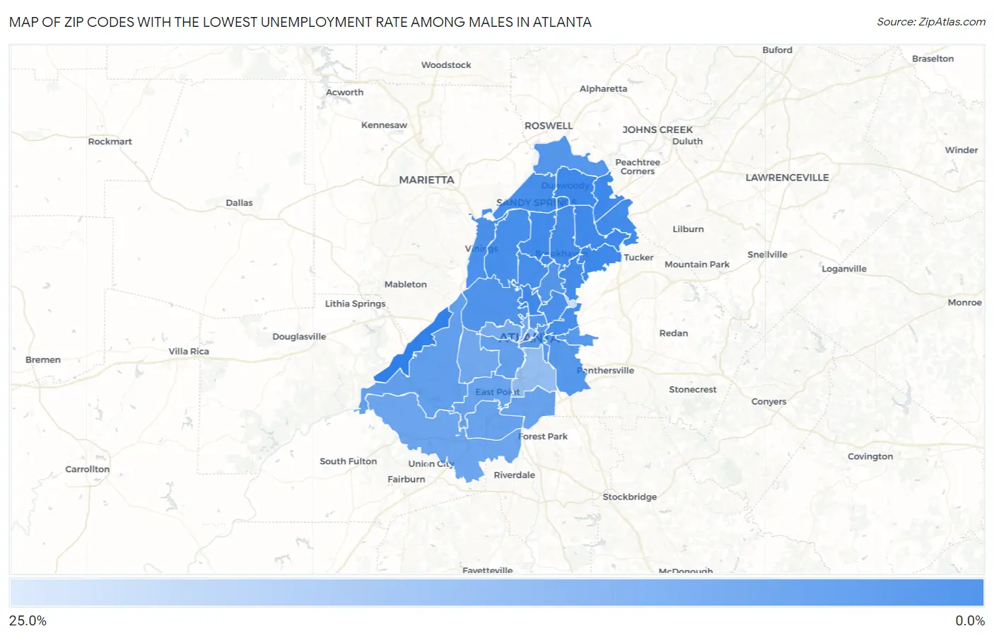 Zip Codes with the Lowest Unemployment Rate Among Males in Atlanta Map