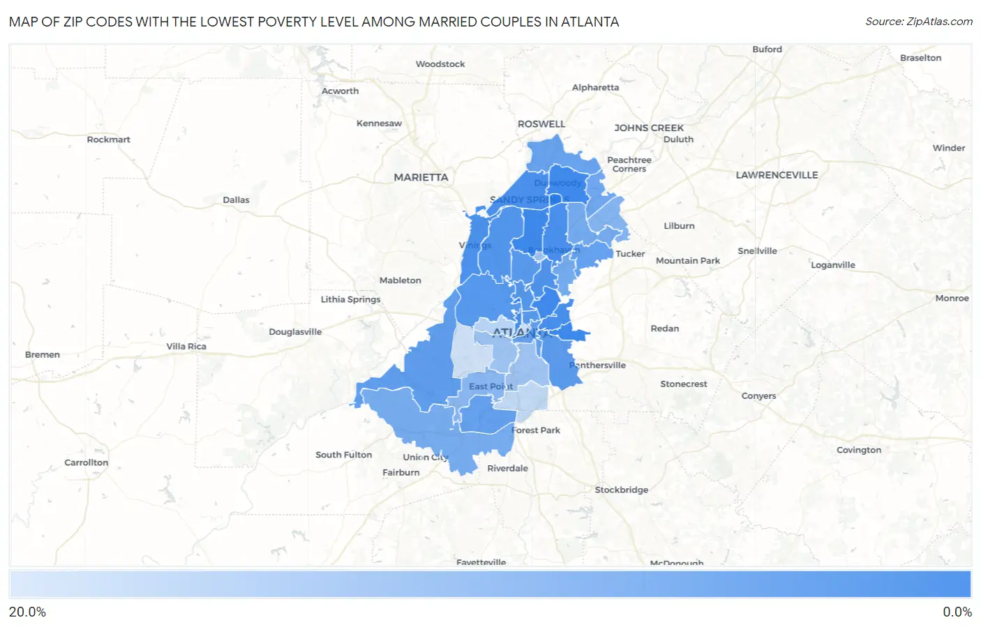 Zip Codes with the Lowest Poverty Level Among Married Couples in Atlanta Map