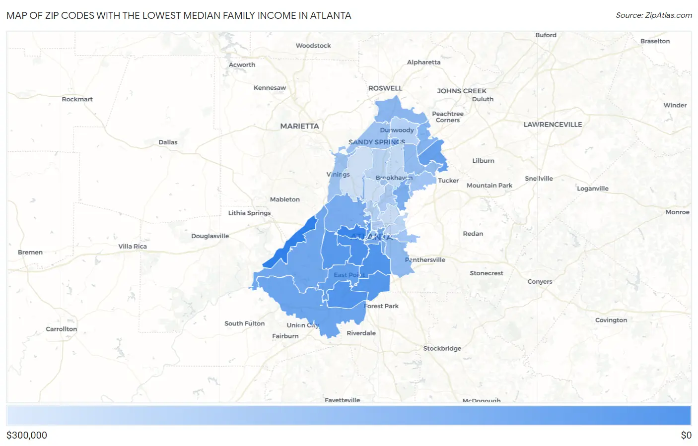 Zip Codes with the Lowest Median Family Income in Atlanta Map