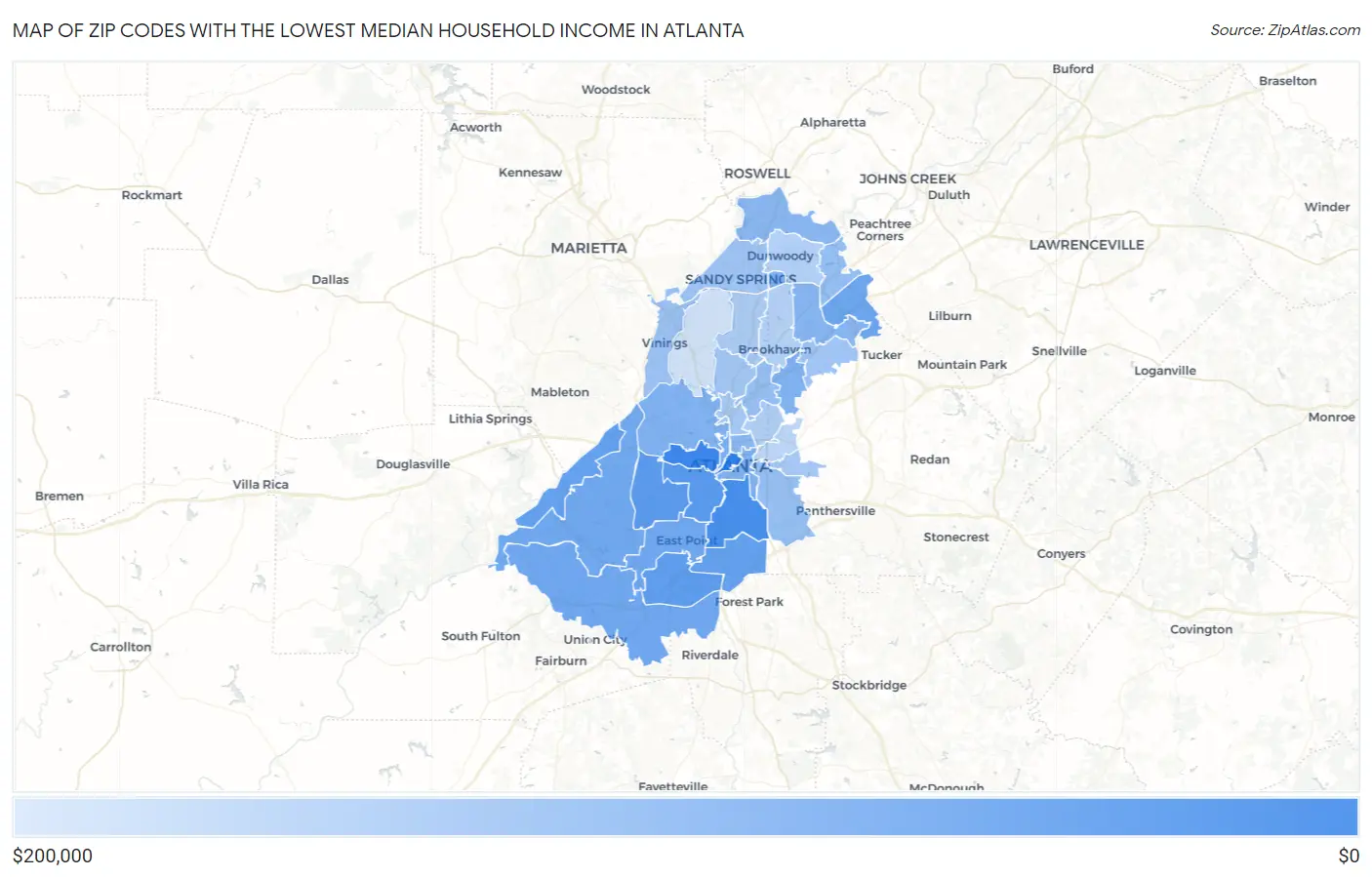 Zip Codes with the Lowest Median Household Income in Atlanta Map