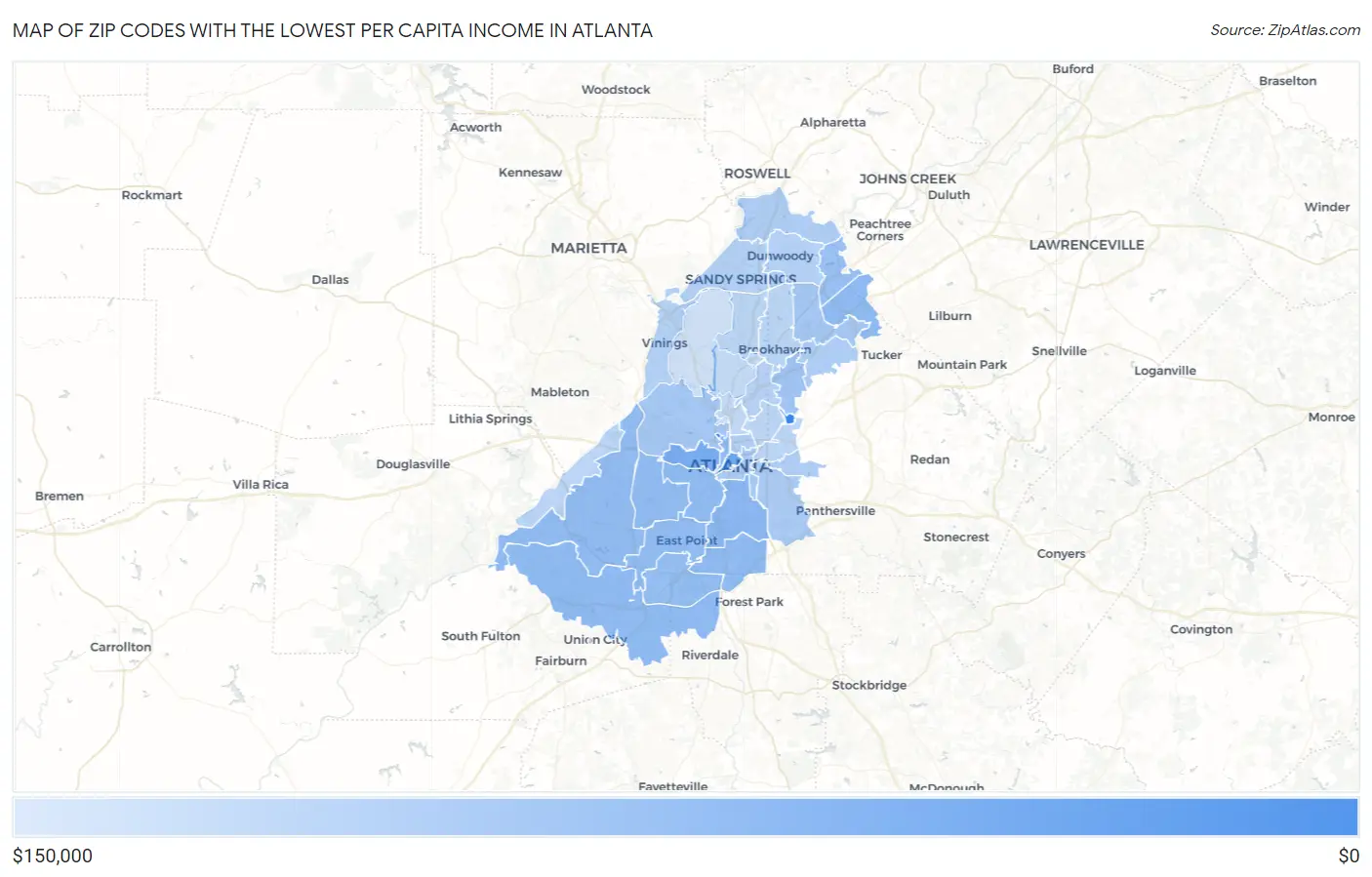 Zip Codes with the Lowest Per Capita Income in Atlanta Map