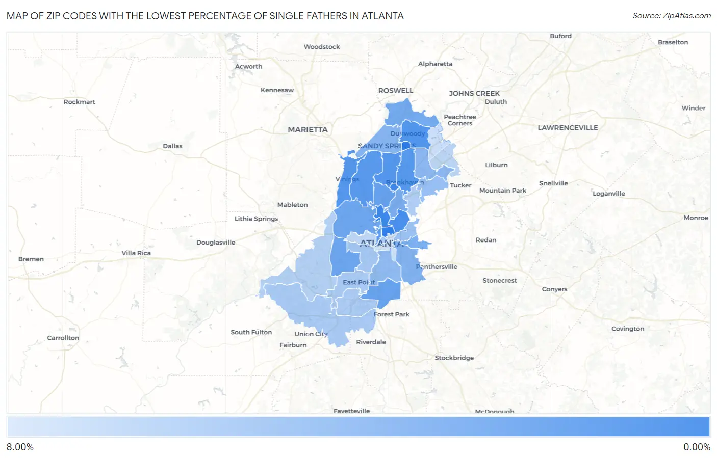 Zip Codes with the Lowest Percentage of Single Fathers in Atlanta Map