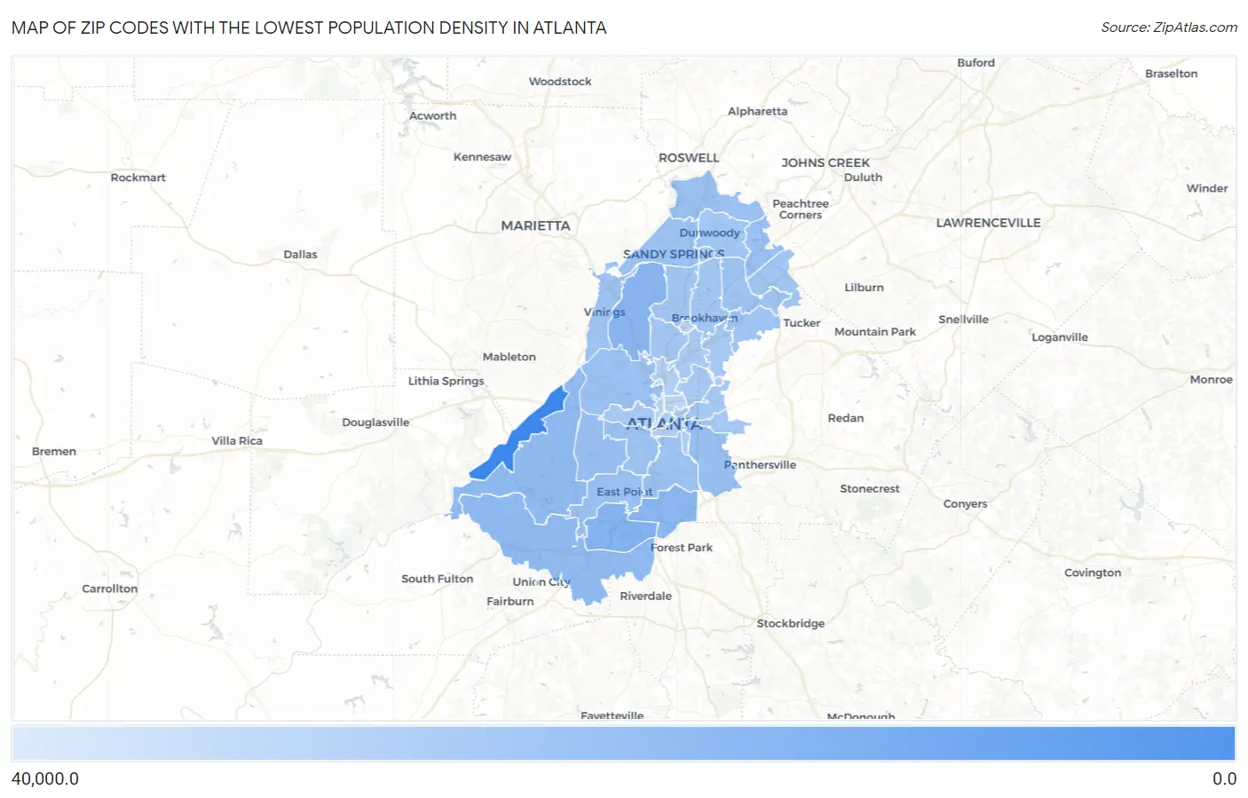 Zip Codes with the Lowest Population Density in Atlanta Map