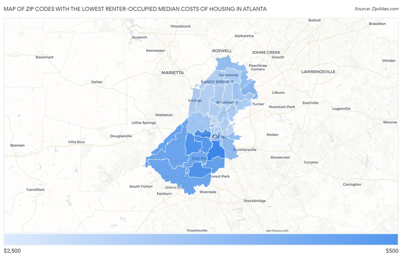 Zip Codes with the Lowest Renter-Occupied Median Costs of Housing in Atlanta Map